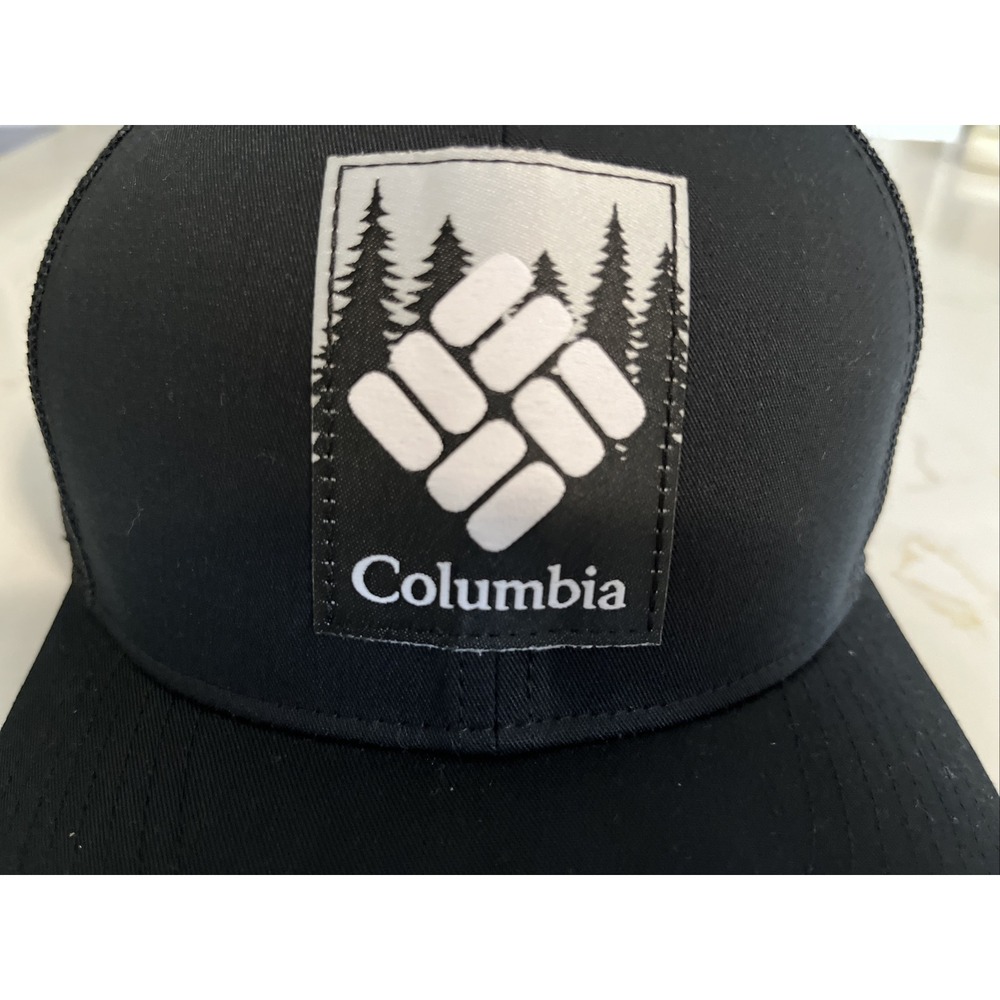 Columbia Mesh Snapback Trucker Hat Color: All Black With Trees Patch Cap NWT - Picture 2 of 5